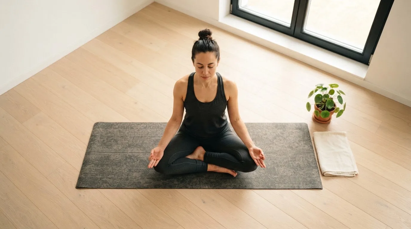 Persona practicando yoga tranquilamente sobre una esterilla en una habitación luminosa.